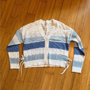 Francesca's Collections Cream and Blue Knit Cardigan with Bow Tie Accents